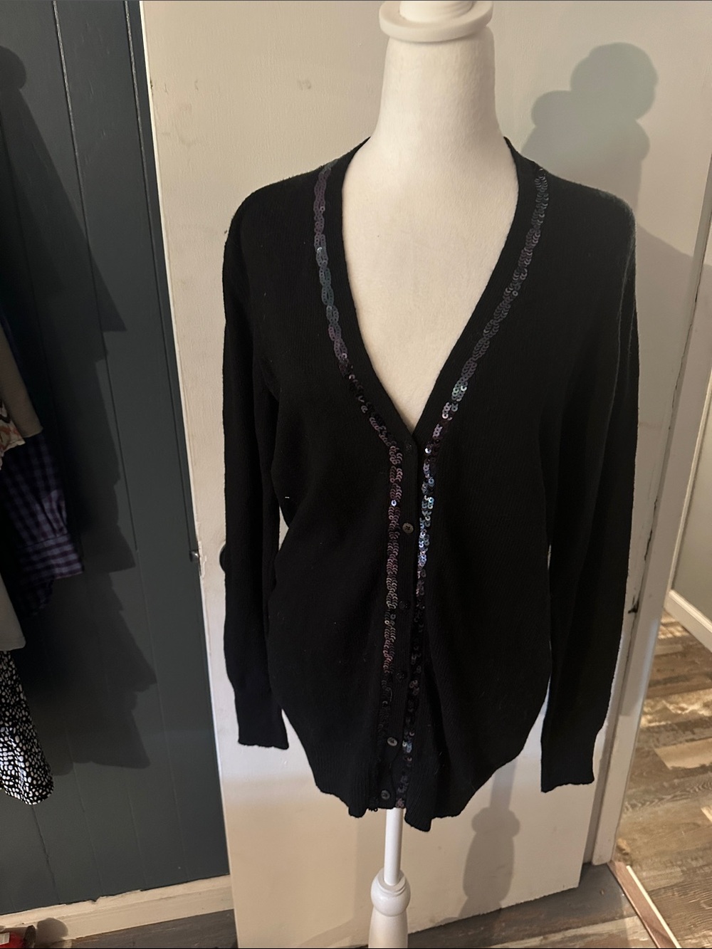 Old Navy Black V-Neck Cardigan with Sequin Trim. Button up.